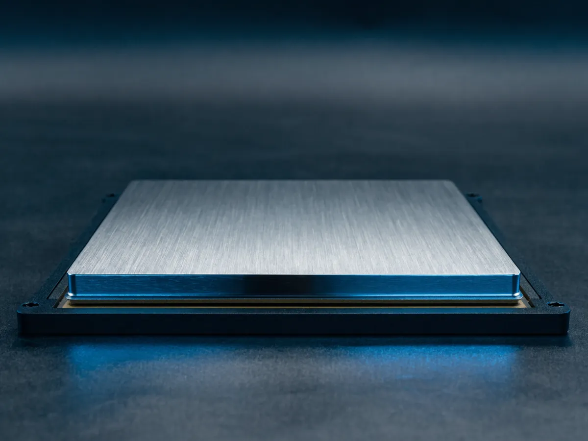 Large square processor mounted in a dark plastic carrier frame with captive screws at two opposite corners, lying at a slight angle