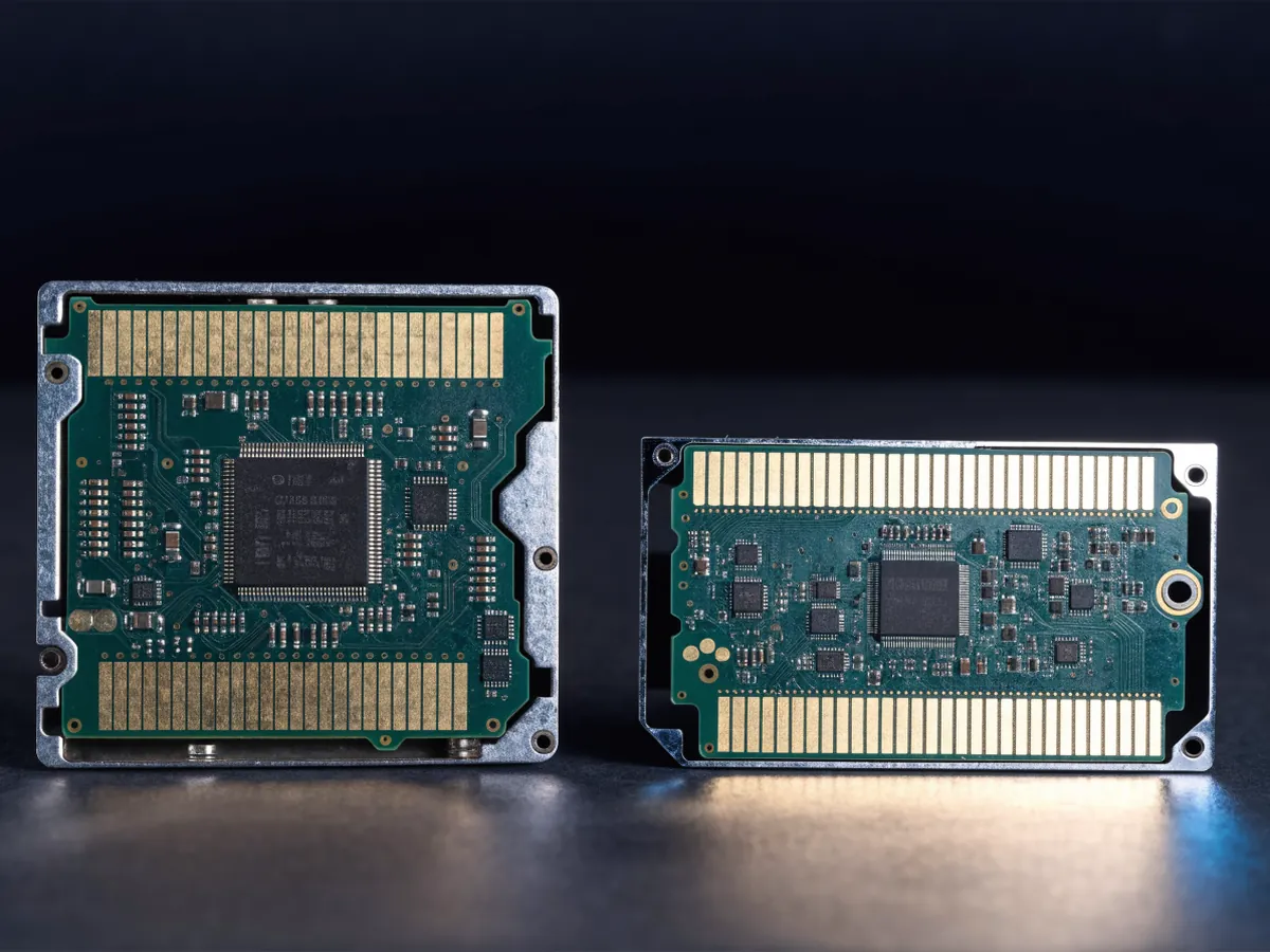 A 3.5 inch and a 2.5 inch hard drive lying upside down on a dark surface, showing their exposed circuit boards and gold contacts