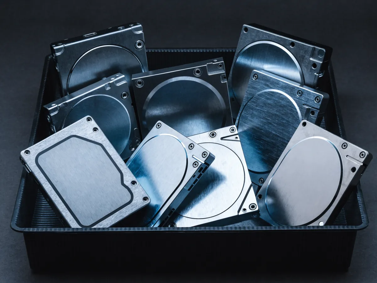 An assortment of 3.5 inch and 2.5 inch hard drives lying loosely at different angles in a shallow black tray