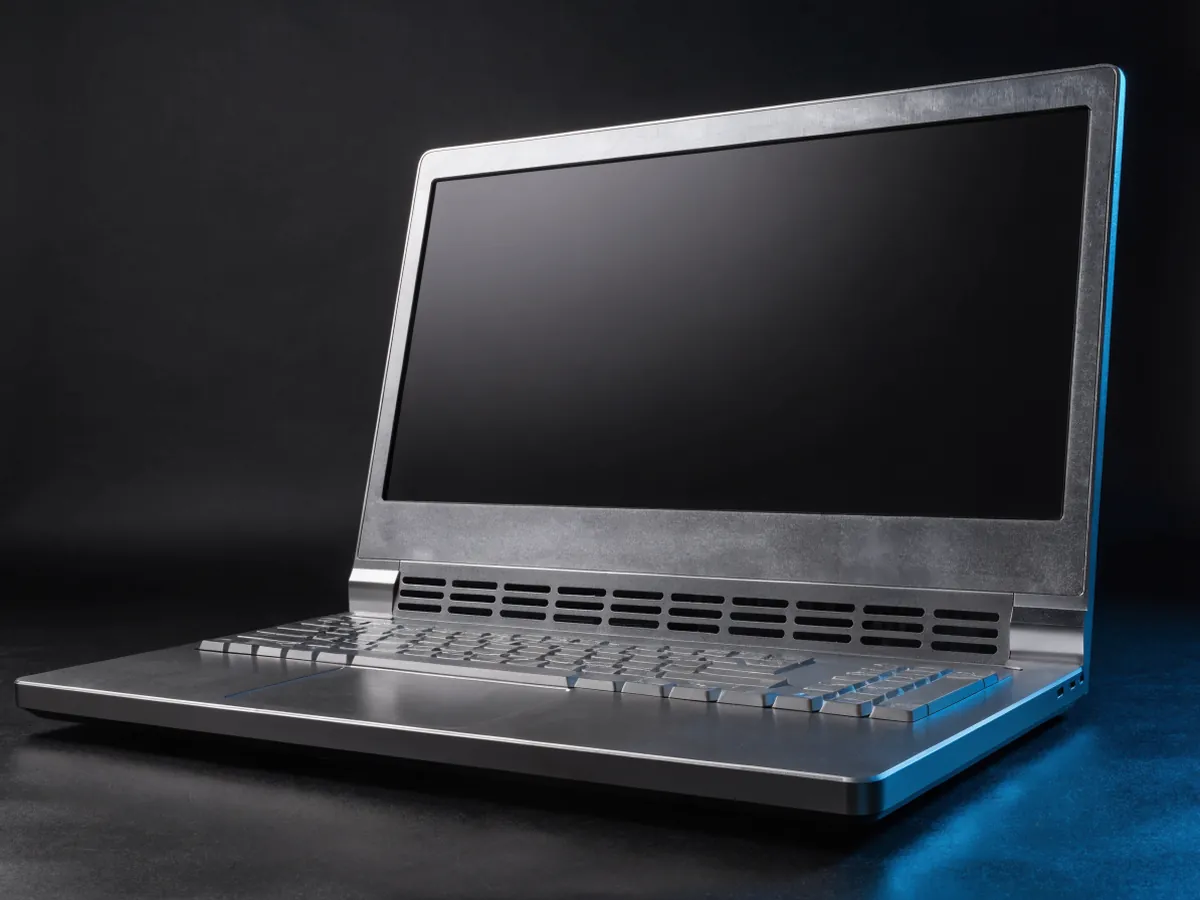 A thick fifteen inch laptop with a deep chassis and large rear cooling vents, lid open with a blank dark screen, photographed from a low angle on a dark surface
