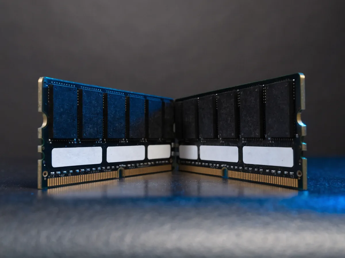Two desktop memory modules with bare black circuit boards leaning against each other on a dark surface under cool blue lighting