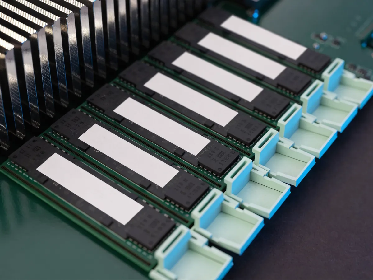 A bank of eight memory slots on a server motherboard, six filled with modules clipped in place and two left empty with the retaining latches open