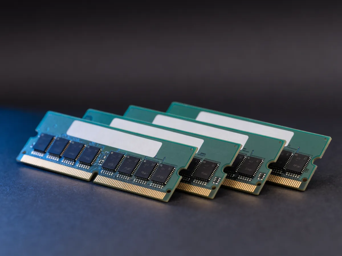 Four short laptop memory modules fanned out in a diagonal row on a dark surface, showing gold edge contacts and blank unprinted labels