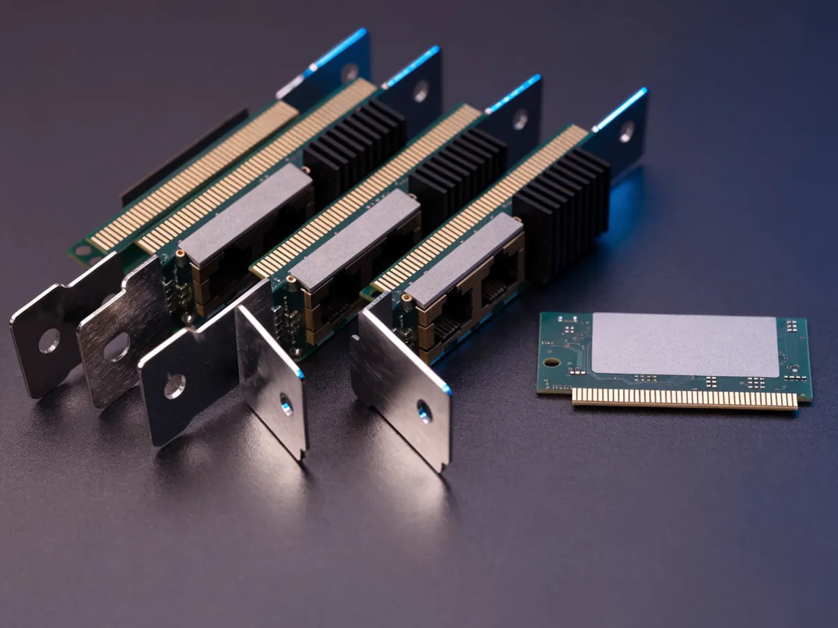 Four low profile PCIe network adapter cards fanned in a stack on a dark surface beside one small bracketless mezzanine adapter card, showing heatsinks, port cages and gold edge contacts