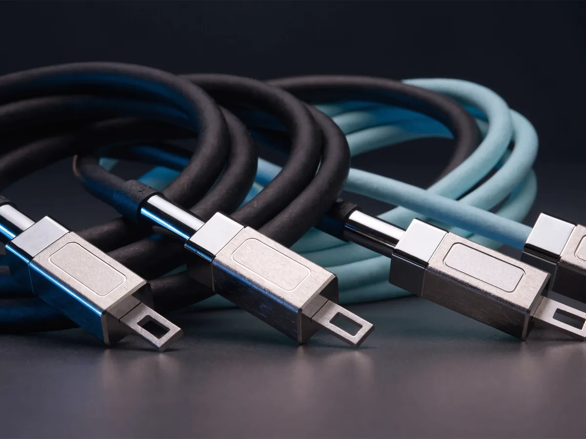 Three coiled black twinax cables and one pale aqua optical cable on a dark surface, each ending in a moulded metal pluggable connector with a plain pull tab