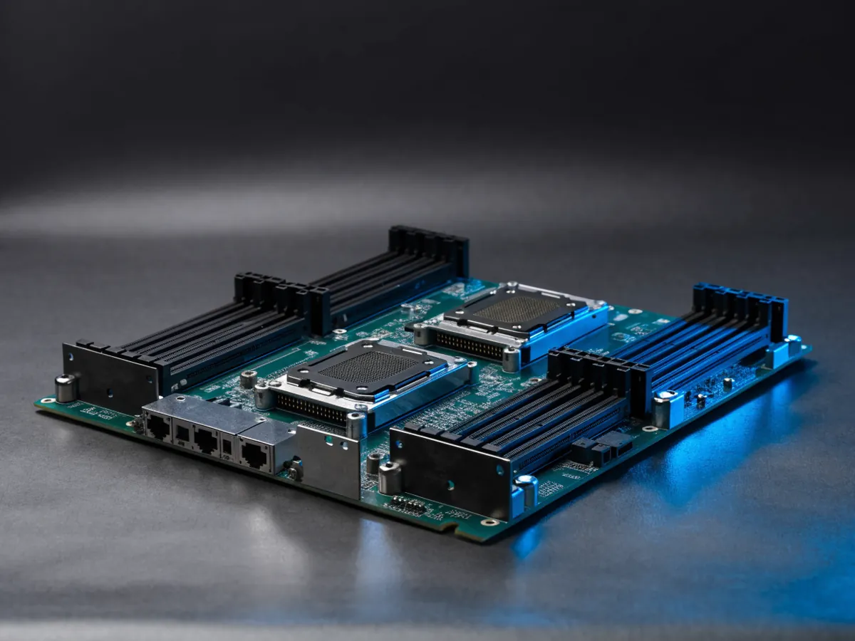 Bare dual socket server motherboard photographed from above at an angle, showing two empty processor sockets, banks of memory slots and expansion slots, on a dark background