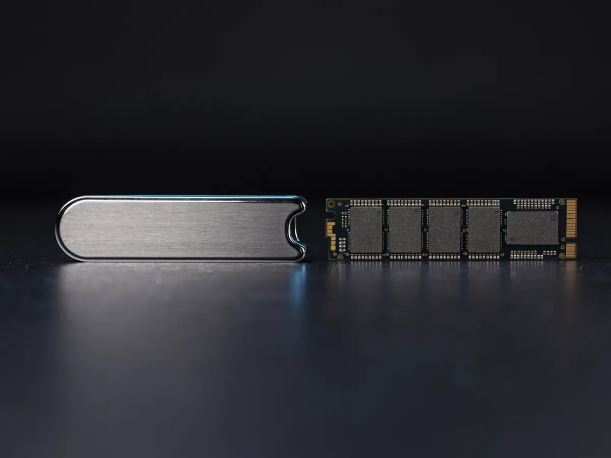 A slim rectangular ruler format drive with a pull latch lying beside a bare M.2 module showing its chips and notched gold contact edge