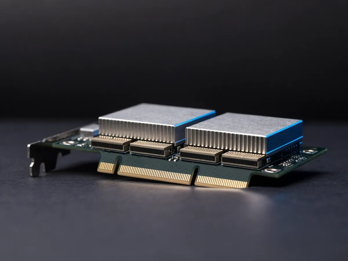 A short PCIe adapter card holding two M.2 modules under a small metal heatsink, its gold edge contacts and low profile bracket visible