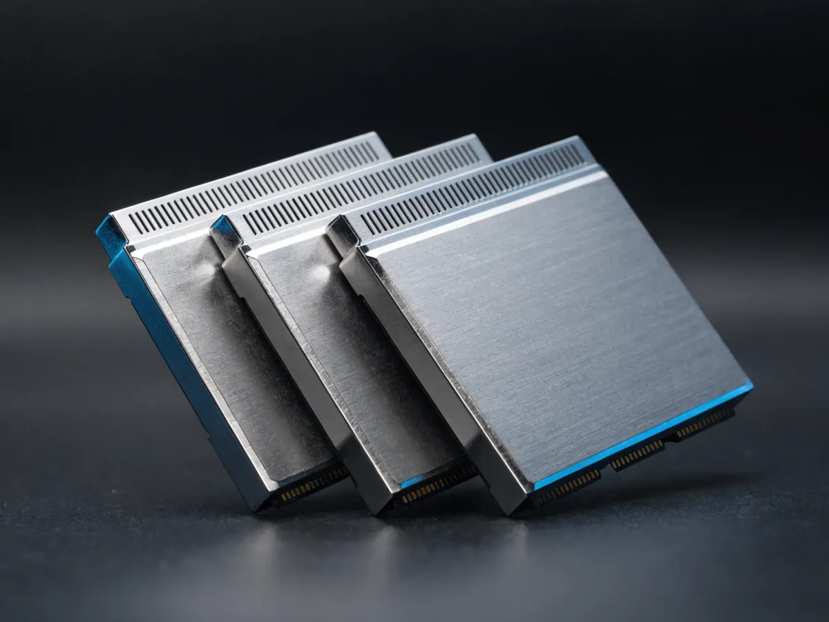 Three thick 2.5 inch drives with vented metal tops fanned out flat and overlapping, the front one tilted to show its side profile and contacts