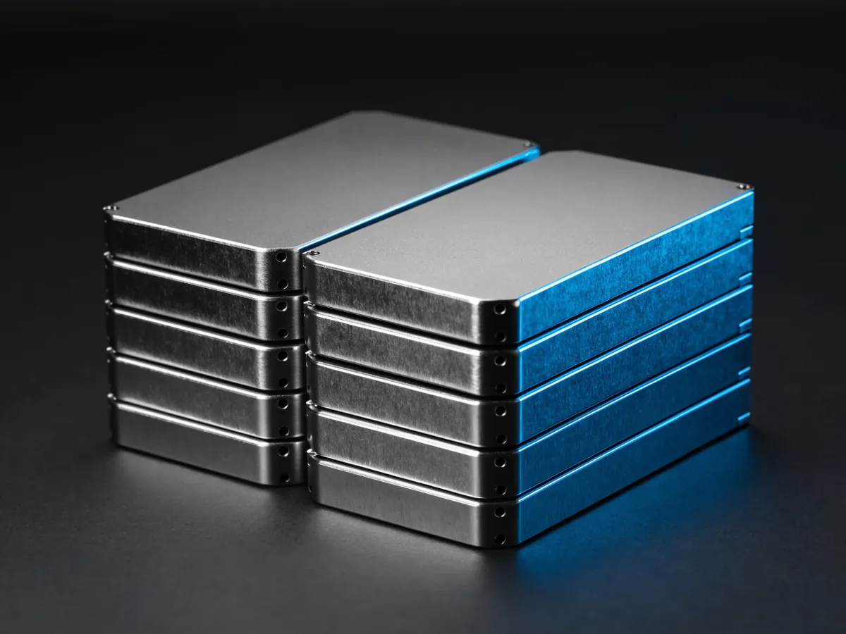 Eight 2.5 inch solid state drives stacked in two columns of four on a dark surface, unmarked metal casings with side mounting screw holes visible