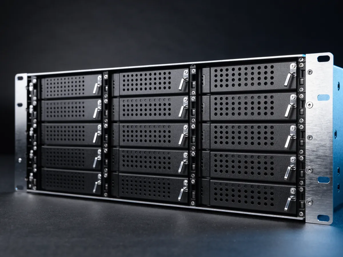 Two rack unit storage expansion enclosure photographed from the front at an angle, showing twelve unlabelled 3.5 inch drive carriers in three rows of four
