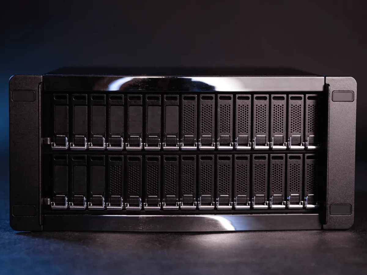 Front of a two rack unit storage array packed with twenty four unlabelled 2.5 inch drive carriers in two rows of twelve