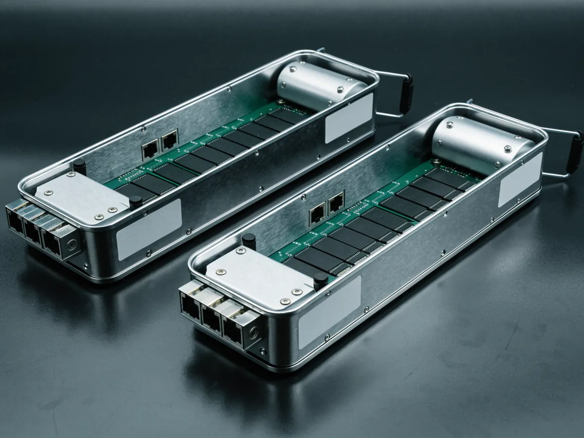 Two matching storage array controller modules removed from a chassis and laid side by side, showing circuit boards, optical port cages and pull handles
