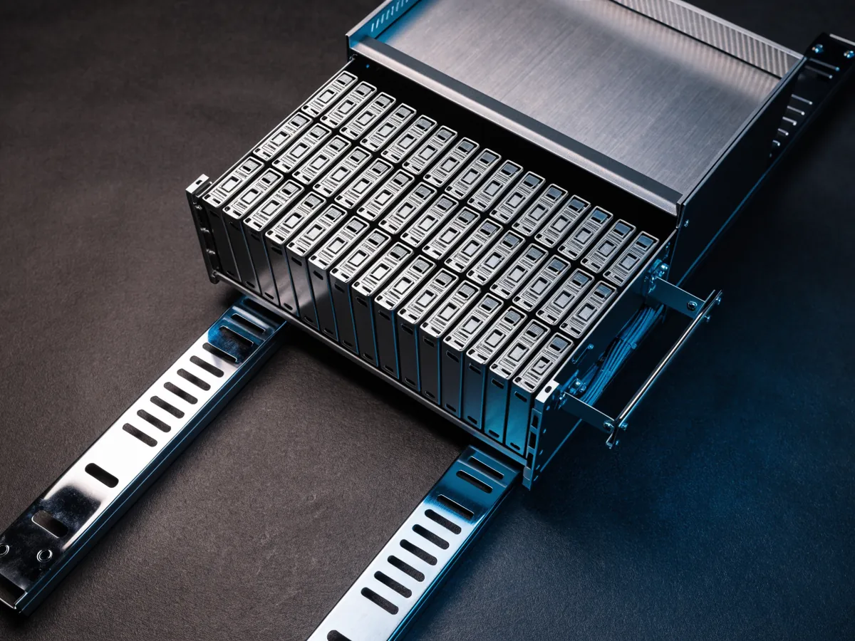 Four rack unit top loading storage enclosure pulled out on rails with the lid open, showing dense rows of hard drives standing vertically in slim carriers